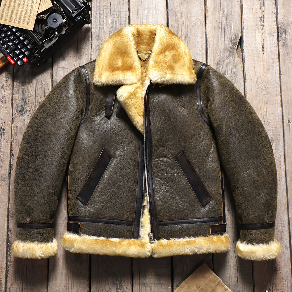 Original Merino Shearling Classic B3 Pilot Jacket Men's Warm Vintage Genuine Leather Fur Jacket