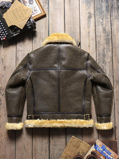Original Merino Shearling Classic B3 Pilot Jacket Men's Warm Vintage Genuine Leather Fur Jacket