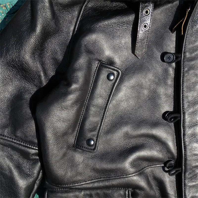 Black Hooded Winter Long Shearling Jacket Men Casual Style Plus Size 4XL Genuine Natural Sheepskin Thick Warm Coat