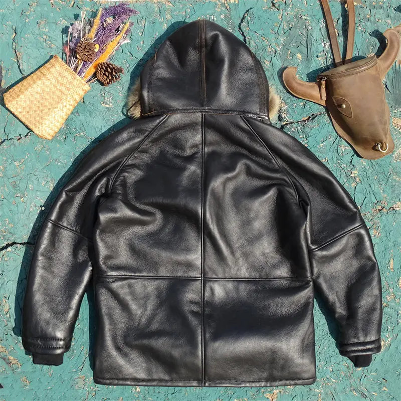Black Hooded Winter Long Shearling Jacket Men Casual Style Plus Size 4XL Genuine Natural Sheepskin Thick Warm Coat