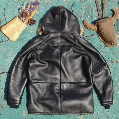Black Hooded Winter Long Shearling Jacket Men Casual Style Plus Size 4XL Genuine Natural Sheepskin Thick Warm Coat