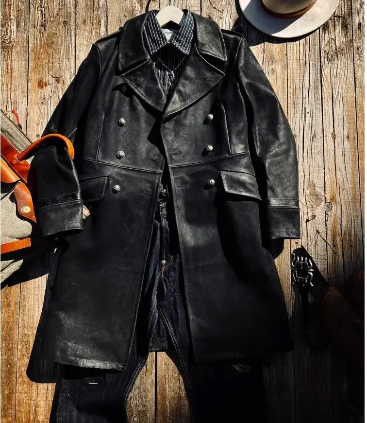 Italian Calfskin Military Coat – Cidu Luxury Long Real Leather Jacket