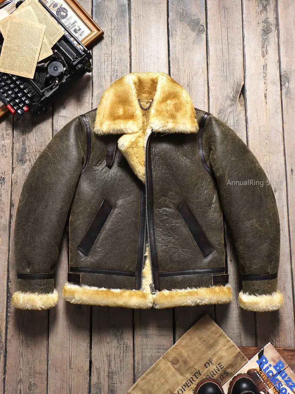 Original Merino Shearling Classic B3 Pilot Jacket Men's Warm Vintage Genuine Leather Fur Jacket
