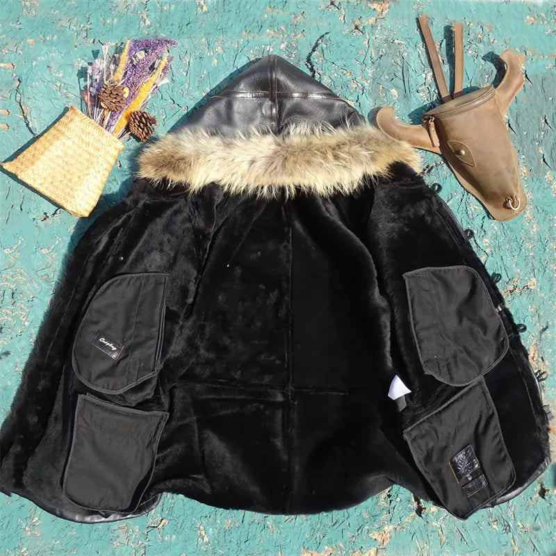 Black Hooded Winter Long Shearling Jacket Men Casual Style Plus Size 4XL Genuine Natural Sheepskin Thick Warm Coat