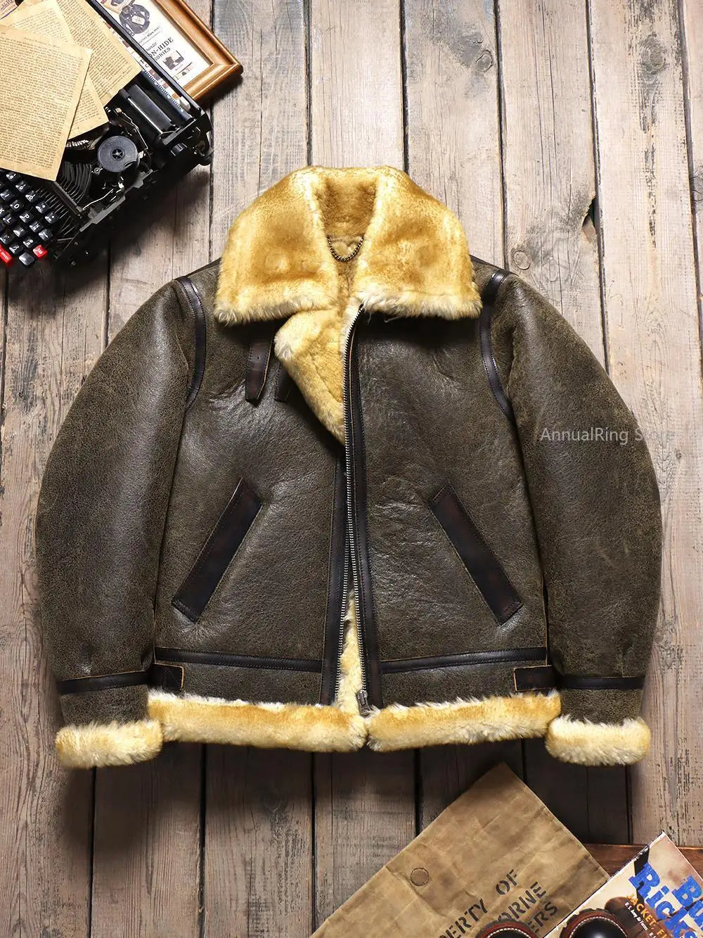 Original Merino Shearling Classic B3 Pilot Jacket Men's Warm Vintage Genuine Leather Fur Jacket