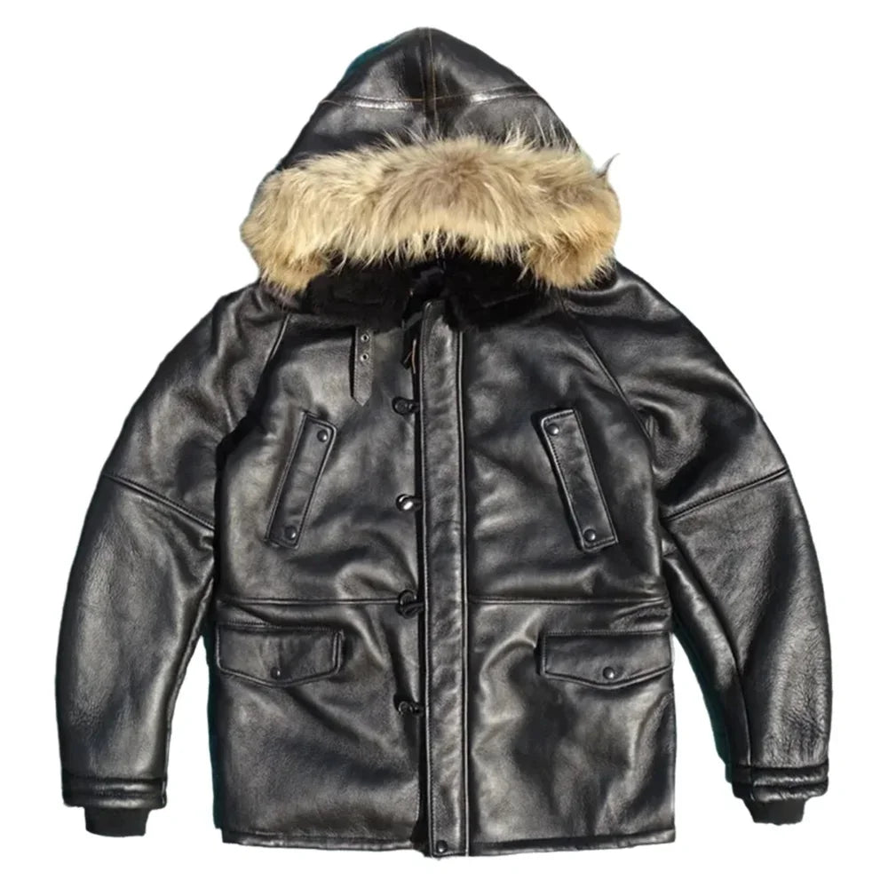 Black Hooded Winter Long Shearling Jacket Men Casual Style Plus Size 4XL Genuine Natural Sheepskin Thick Warm Coat