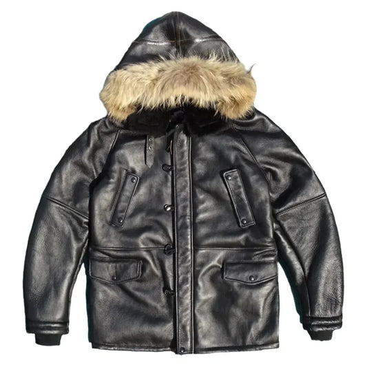 Black Hooded Winter Long Shearling Jacket Men Casual Style Plus Size 4XL Genuine Natural Sheepskin Thick Warm Coat